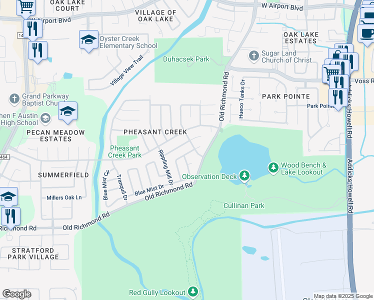map of restaurants, bars, coffee shops, grocery stores, and more near 2410 Blue Mist Court in Sugar Land