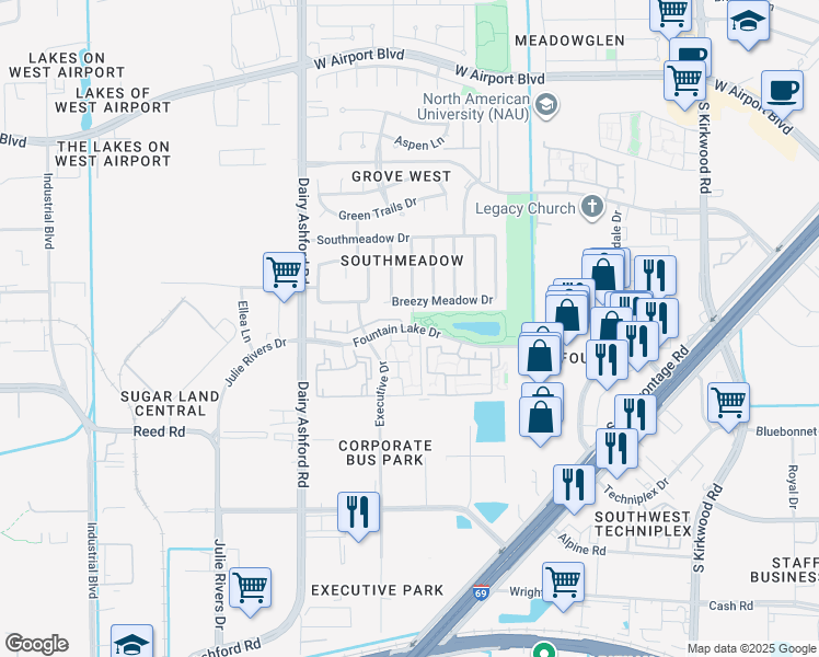 map of restaurants, bars, coffee shops, grocery stores, and more near 10612 Fountain Lake Drive in Stafford