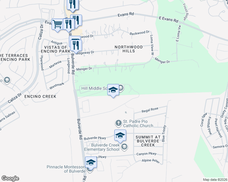 map of restaurants, bars, coffee shops, grocery stores, and more near 21314 Bulverde Road in San Antonio