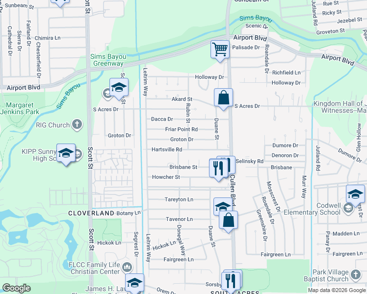 map of restaurants, bars, coffee shops, grocery stores, and more near 4303 Groton Drive in Houston