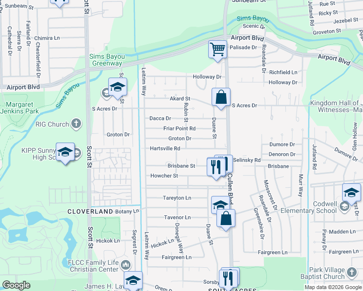 map of restaurants, bars, coffee shops, grocery stores, and more near 4303 Groton Drive in Houston