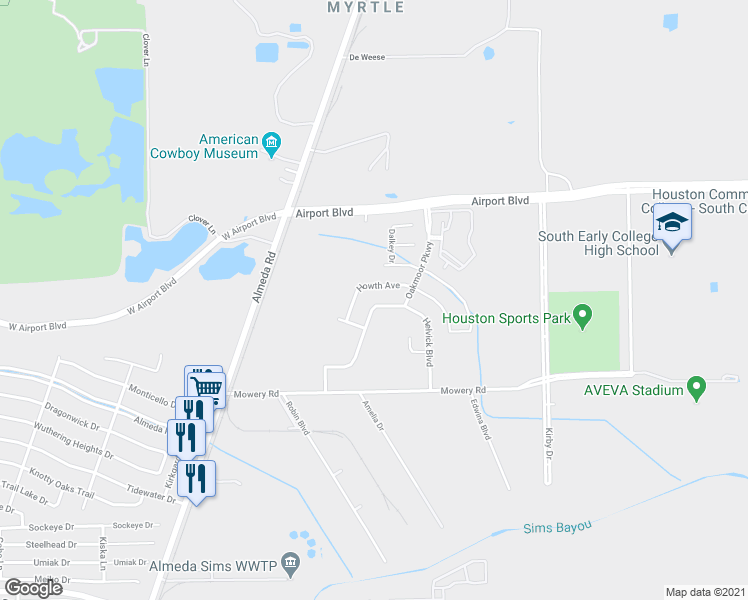map of restaurants, bars, coffee shops, grocery stores, and more near 1803 Howth Avenue in Houston