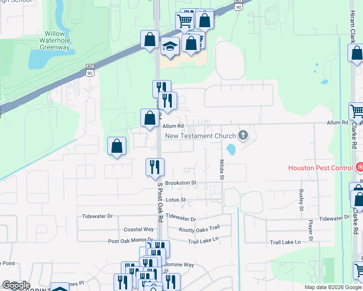 map of restaurants, bars, coffee shops, grocery stores, and more near 5225 Allum Road in Houston