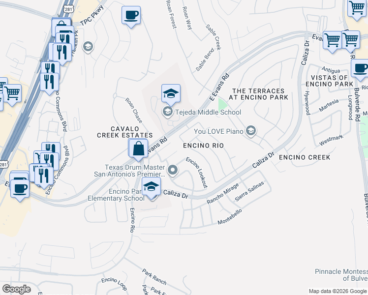 map of restaurants, bars, coffee shops, grocery stores, and more near 21322 Rio Sabinal in San Antonio