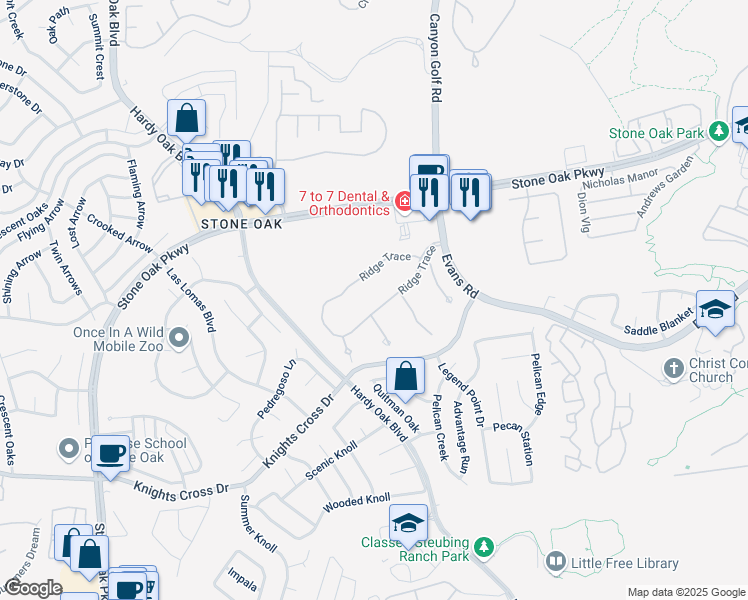 map of restaurants, bars, coffee shops, grocery stores, and more near 734 Ridge Trace in San Antonio