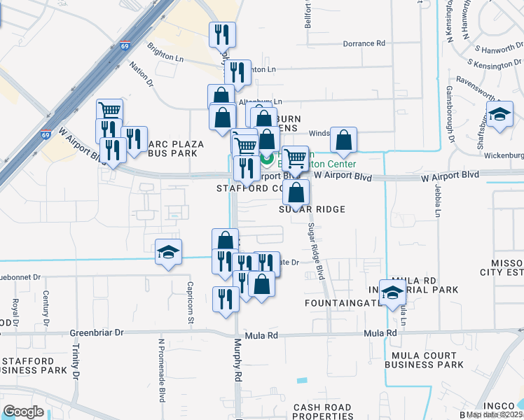 map of restaurants, bars, coffee shops, grocery stores, and more near 10567 West Airport Boulevard in Stafford