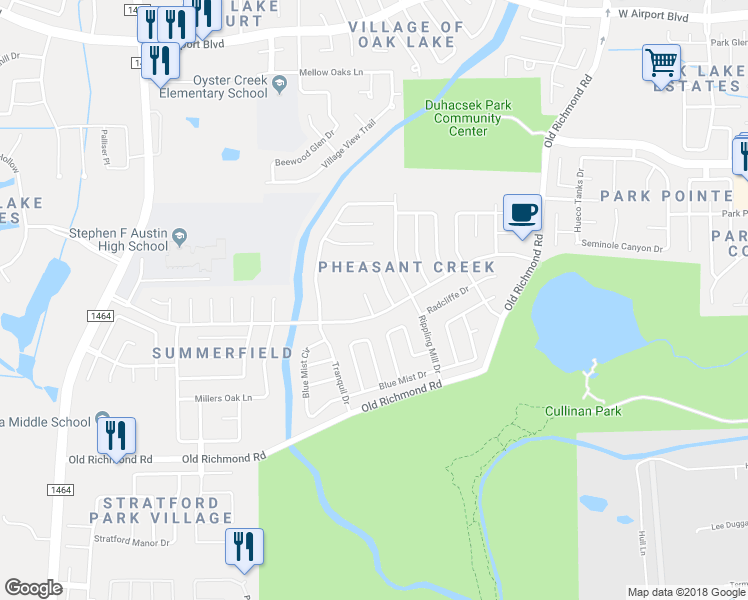 map of restaurants, bars, coffee shops, grocery stores, and more near 16815 Winnstream Lane in Sugar Land
