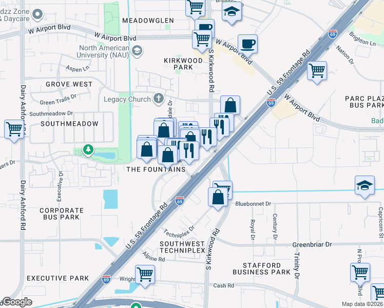 map of restaurants, bars, coffee shops, grocery stores, and more near 11325 Fountain Lake Drive in Stafford