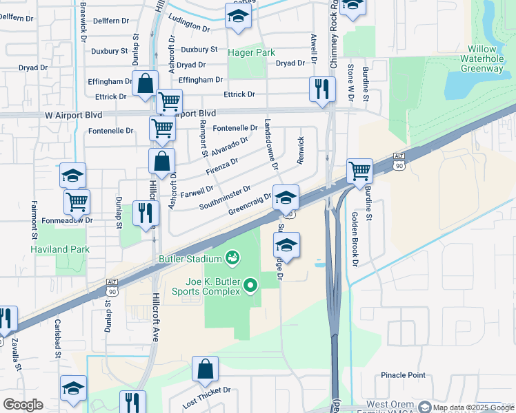 map of restaurants, bars, coffee shops, grocery stores, and more near 5742 Greencraig Drive in Houston