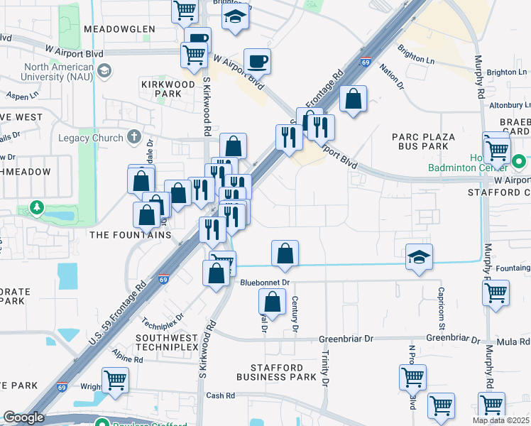 map of restaurants, bars, coffee shops, grocery stores, and more near Morganna in Stafford