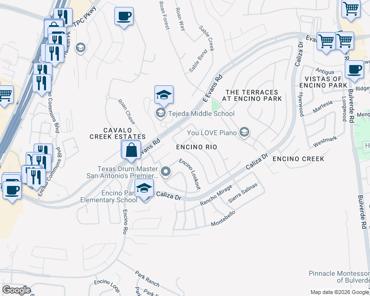 map of restaurants, bars, coffee shops, grocery stores, and more near 21626 Rio Comal in San Antonio