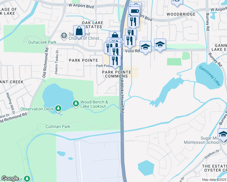 map of restaurants, bars, coffee shops, grocery stores, and more near 12100 South Texas 6 in Sugar Land