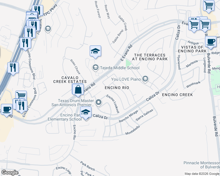 map of restaurants, bars, coffee shops, grocery stores, and more near 21626 Rio Comal in San Antonio