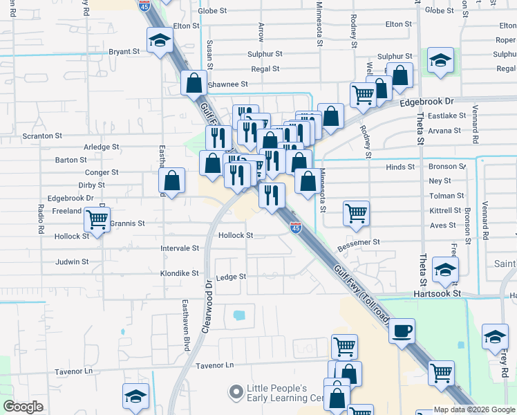 map of restaurants, bars, coffee shops, grocery stores, and more near 10545 Gulf Freeway in Houston