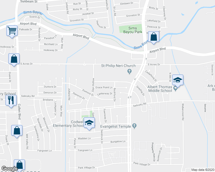 map of restaurants, bars, coffee shops, grocery stores, and more near 5243 Grace Point Lane in Houston
