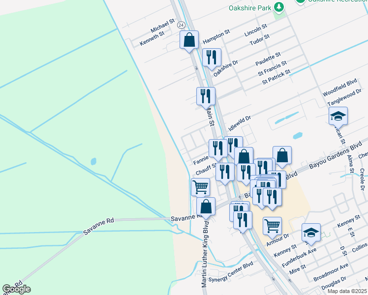 map of restaurants, bars, coffee shops, grocery stores, and more near 3107 Betty Ann Street in Houma