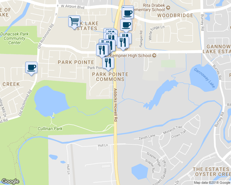 map of restaurants, bars, coffee shops, grocery stores, and more near 12095 South Texas 6 in Sugar Land