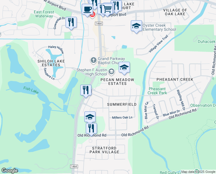 map of restaurants, bars, coffee shops, grocery stores, and more near 16807 Pheasant Creek Court in Sugar Land
