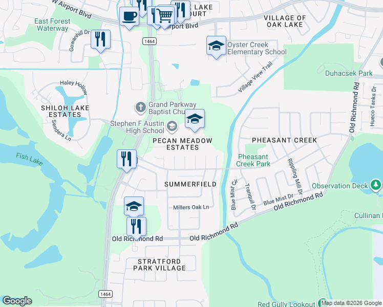 map of restaurants, bars, coffee shops, grocery stores, and more near 16802 Needle Ridge Court in Sugar Land