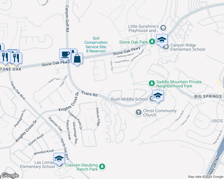 map of restaurants, bars, coffee shops, grocery stores, and more near 1115 Peacemaker in San Antonio