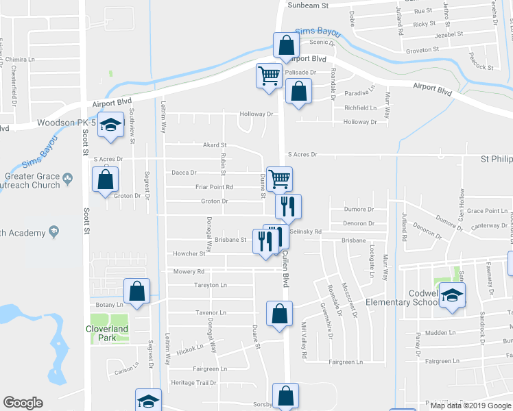 map of restaurants, bars, coffee shops, grocery stores, and more near 4411 Groton Drive in Houston