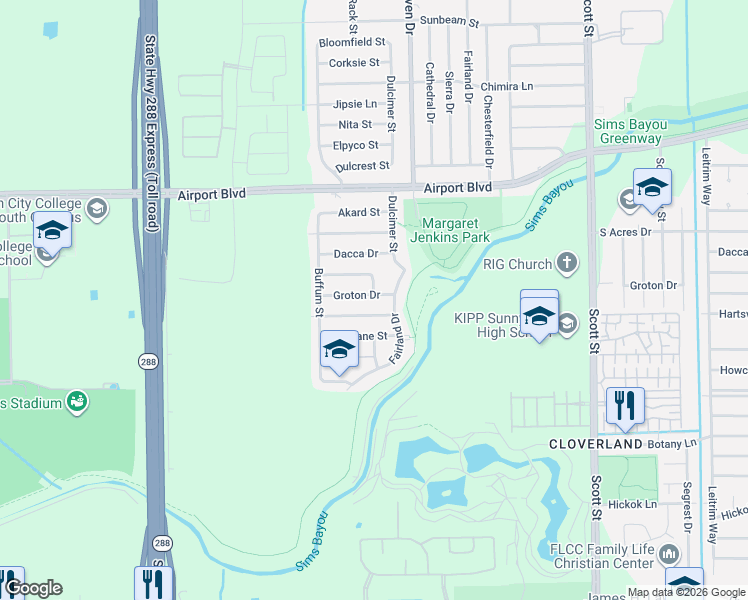 map of restaurants, bars, coffee shops, grocery stores, and more near 3123 Groton Drive in Houston
