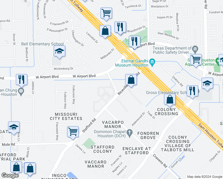 map of restaurants, bars, coffee shops, grocery stores, and more near New Stafford Road in Stafford
