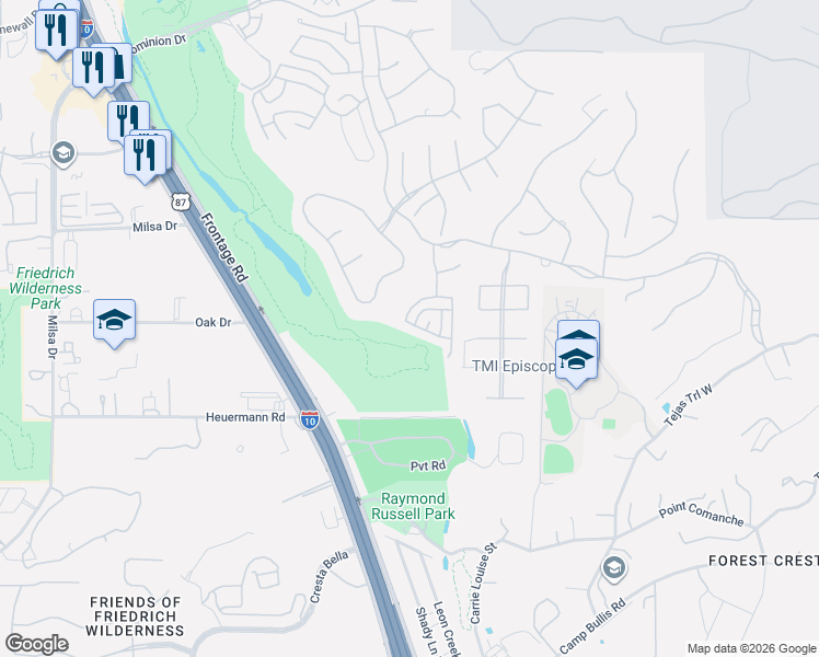 map of restaurants, bars, coffee shops, grocery stores, and more near 3 Avalon Park in San Antonio