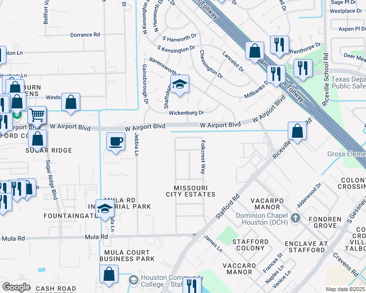 map of restaurants, bars, coffee shops, grocery stores, and more near 9735 Cymbal Drive in Stafford