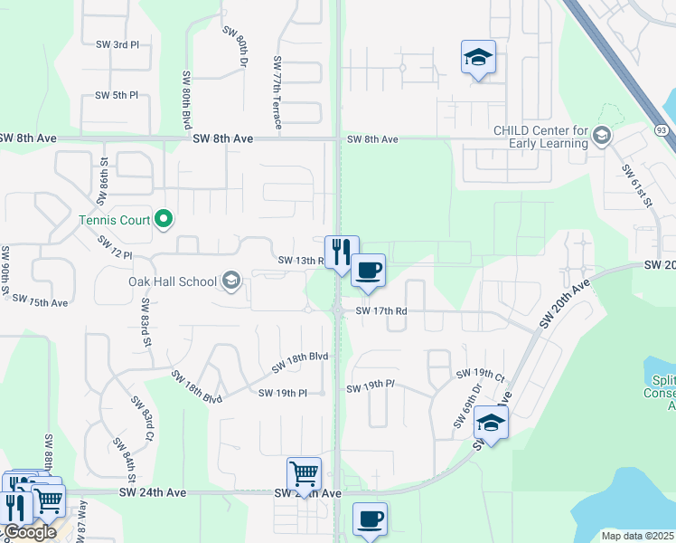 map of restaurants, bars, coffee shops, grocery stores, and more near 1503 Southwest 75th Street in Gainesville
