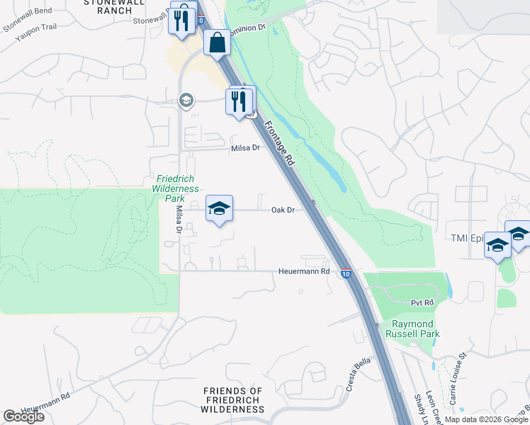 map of restaurants, bars, coffee shops, grocery stores, and more near 6955 Oak Drive in San Antonio