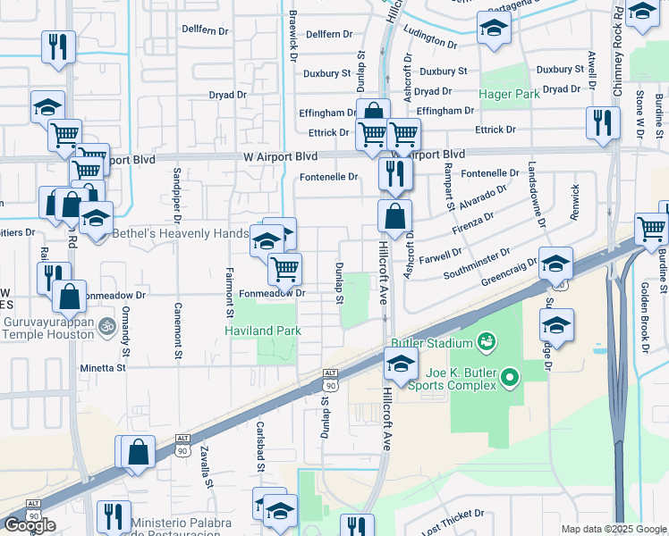 map of restaurants, bars, coffee shops, grocery stores, and more near 12500 Dunlap Street in Houston