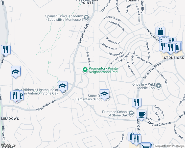 map of restaurants, bars, coffee shops, grocery stores, and more near 511 Wildberry Court in San Antonio