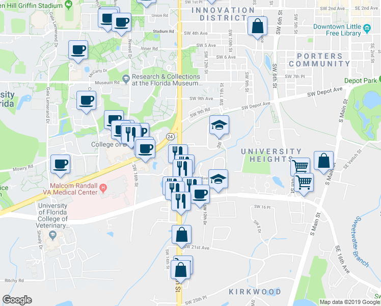 map of restaurants, bars, coffee shops, grocery stores, and more near 1217 Southwest 11th Avenue in Gainesville