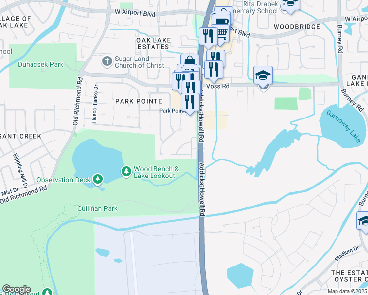 map of restaurants, bars, coffee shops, grocery stores, and more near 12100 South Texas 6 in Sugar Land
