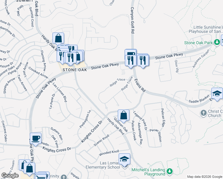 map of restaurants, bars, coffee shops, grocery stores, and more near 734 Ridge Trace in San Antonio