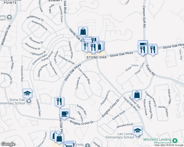 map of restaurants, bars, coffee shops, grocery stores, and more near 21331 La Pena Drive in San Antonio