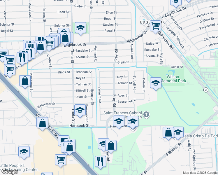 map of restaurants, bars, coffee shops, grocery stores, and more near 10430 Tolman Street in Houston