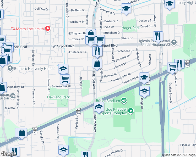 map of restaurants, bars, coffee shops, grocery stores, and more near 5871 Farwell Drive in Houston