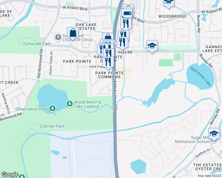 map of restaurants, bars, coffee shops, grocery stores, and more near 12100 Addicks-Howell Road in Sugar Land