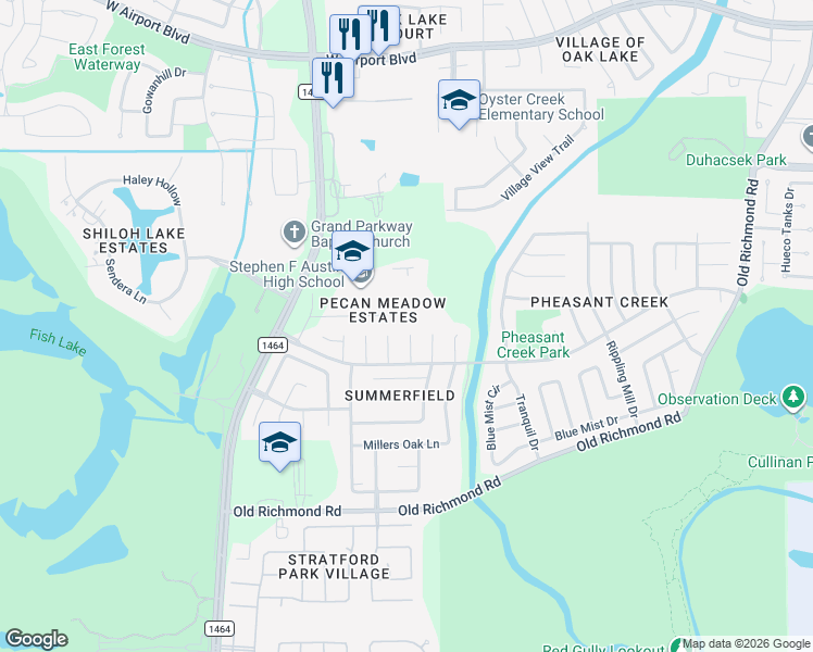 map of restaurants, bars, coffee shops, grocery stores, and more near 16802 Needle Ridge Court in Sugar Land