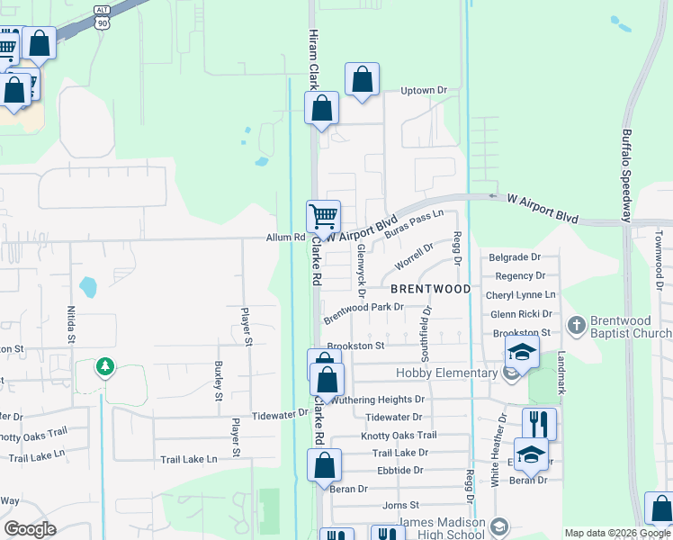 map of restaurants, bars, coffee shops, grocery stores, and more near 12935 Hiram Clarke Road in Houston