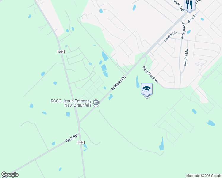 map of restaurants, bars, coffee shops, grocery stores, and more near 1490 West Klein Road in New Braunfels