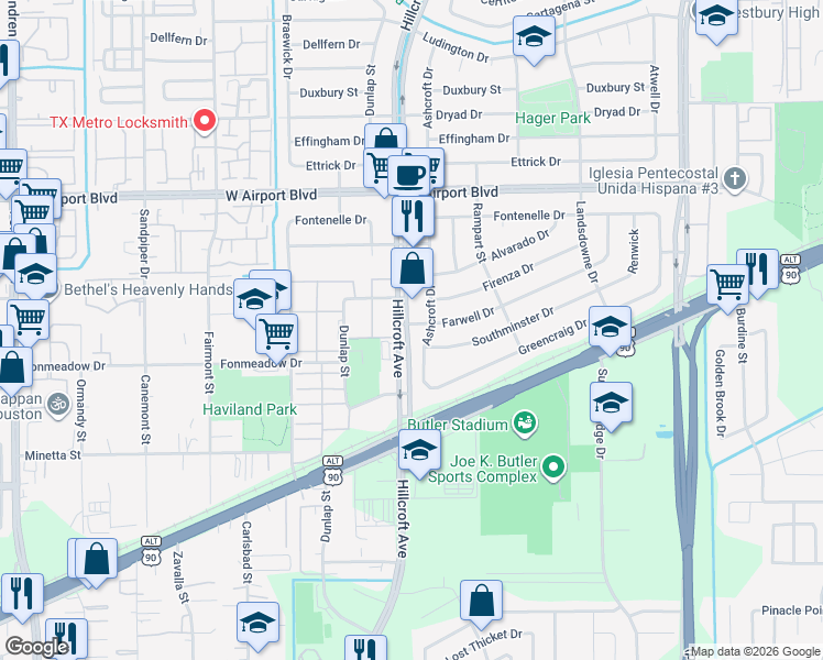 map of restaurants, bars, coffee shops, grocery stores, and more near 5871 Farwell Drive in Houston