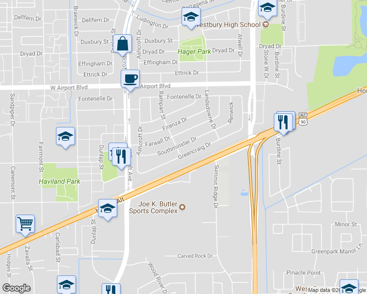 map of restaurants, bars, coffee shops, grocery stores, and more near 5763 Southminster Drive in Houston
