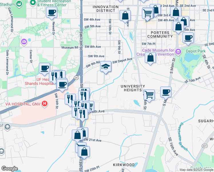 map of restaurants, bars, coffee shops, grocery stores, and more near in Gainesville
