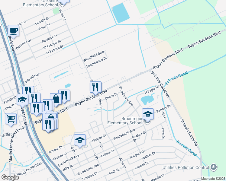 map of restaurants, bars, coffee shops, grocery stores, and more near 736 B Bayou Gardens Boulevard in Houma