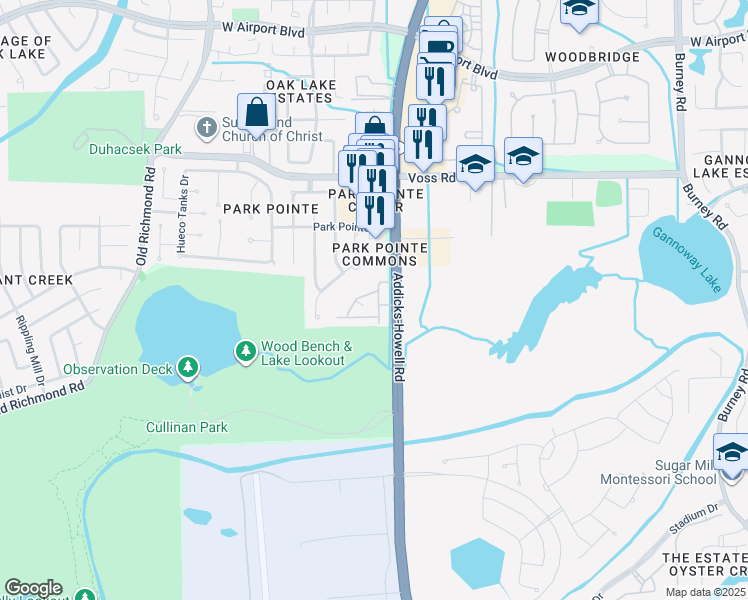 map of restaurants, bars, coffee shops, grocery stores, and more near 12100 Addicks-Howell Road in Sugar Land