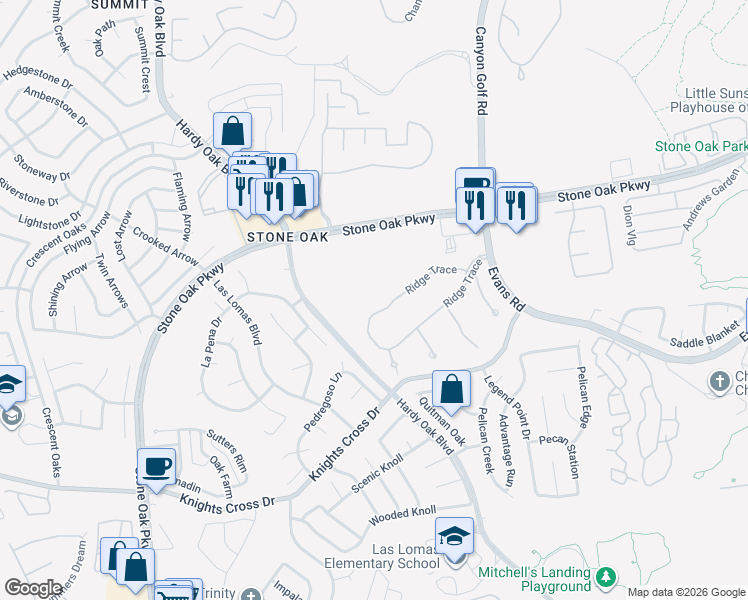 map of restaurants, bars, coffee shops, grocery stores, and more near 703 Ridge Trace in San Antonio