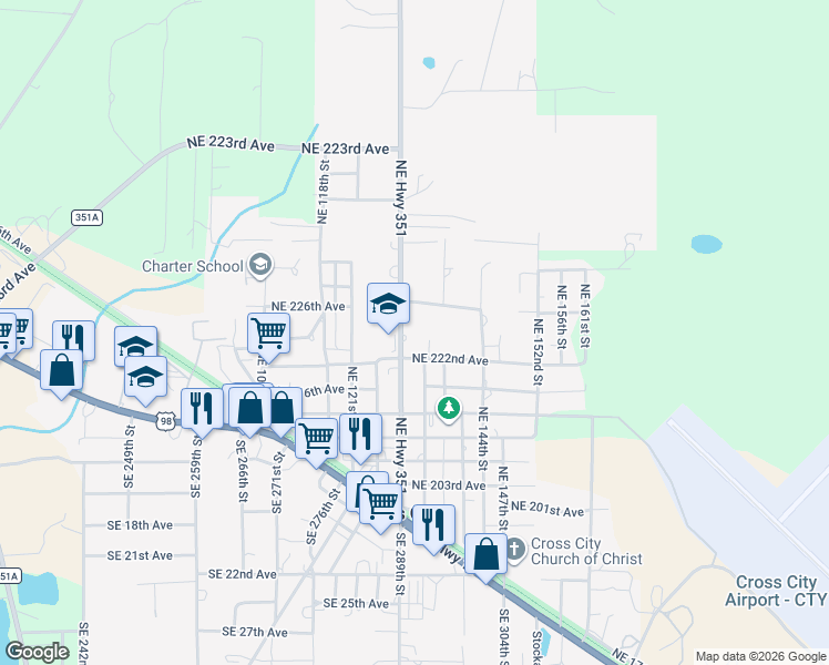 map of restaurants, bars, coffee shops, grocery stores, and more near 438 Northeast 351 Highway in Cross City